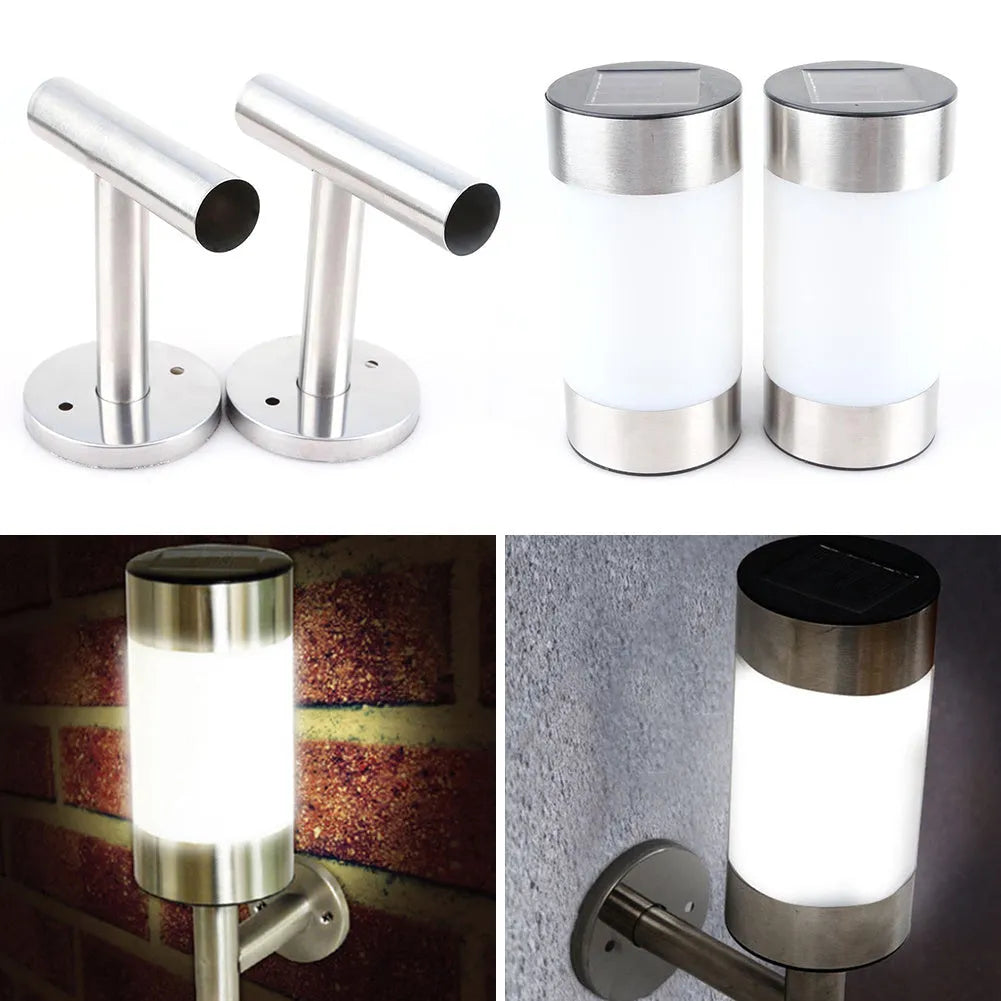 White solar-powered wall light for garden use with plastic and stainless steel construction.