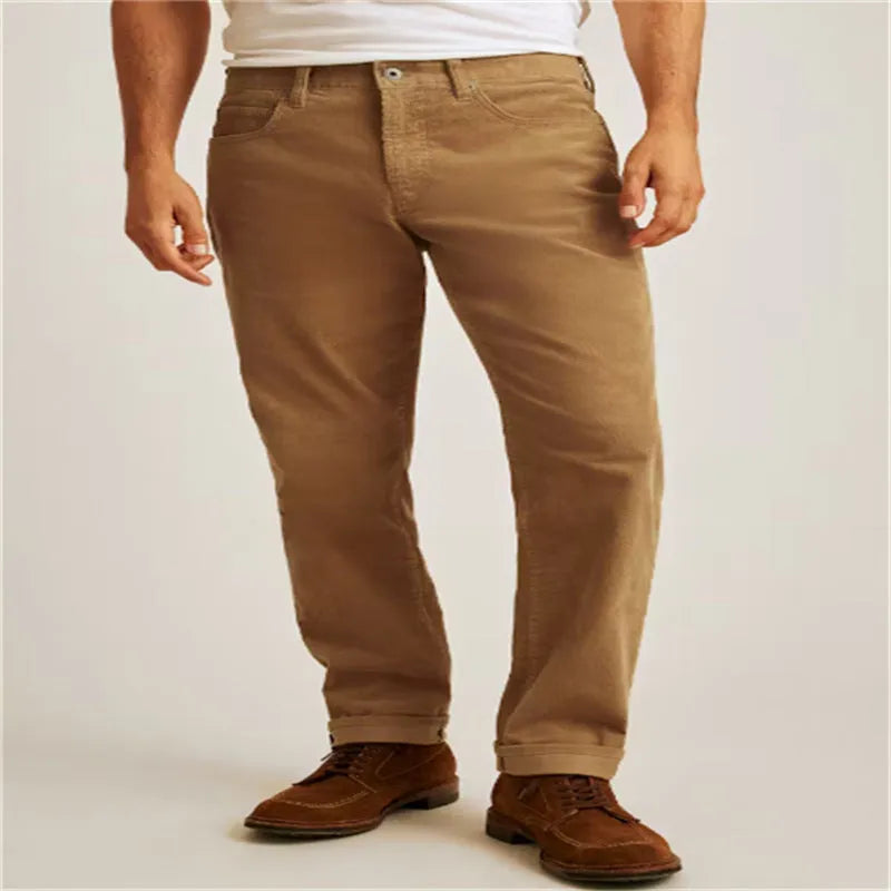 Corduroy straight-leg trousers in loose casual fit with mid-waist design and zip fly closure
