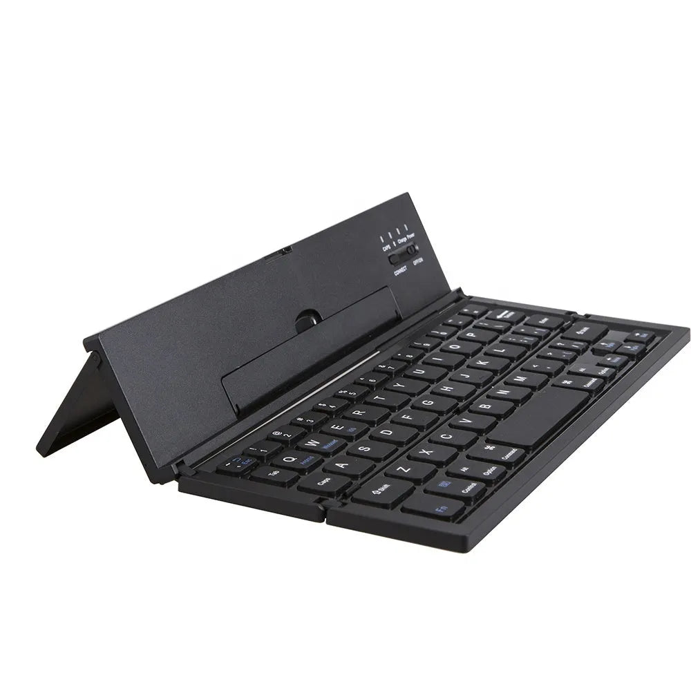 Mini folding ultra-thin wireless Bluetooth keyboard in black or white for tablets and smartphones.