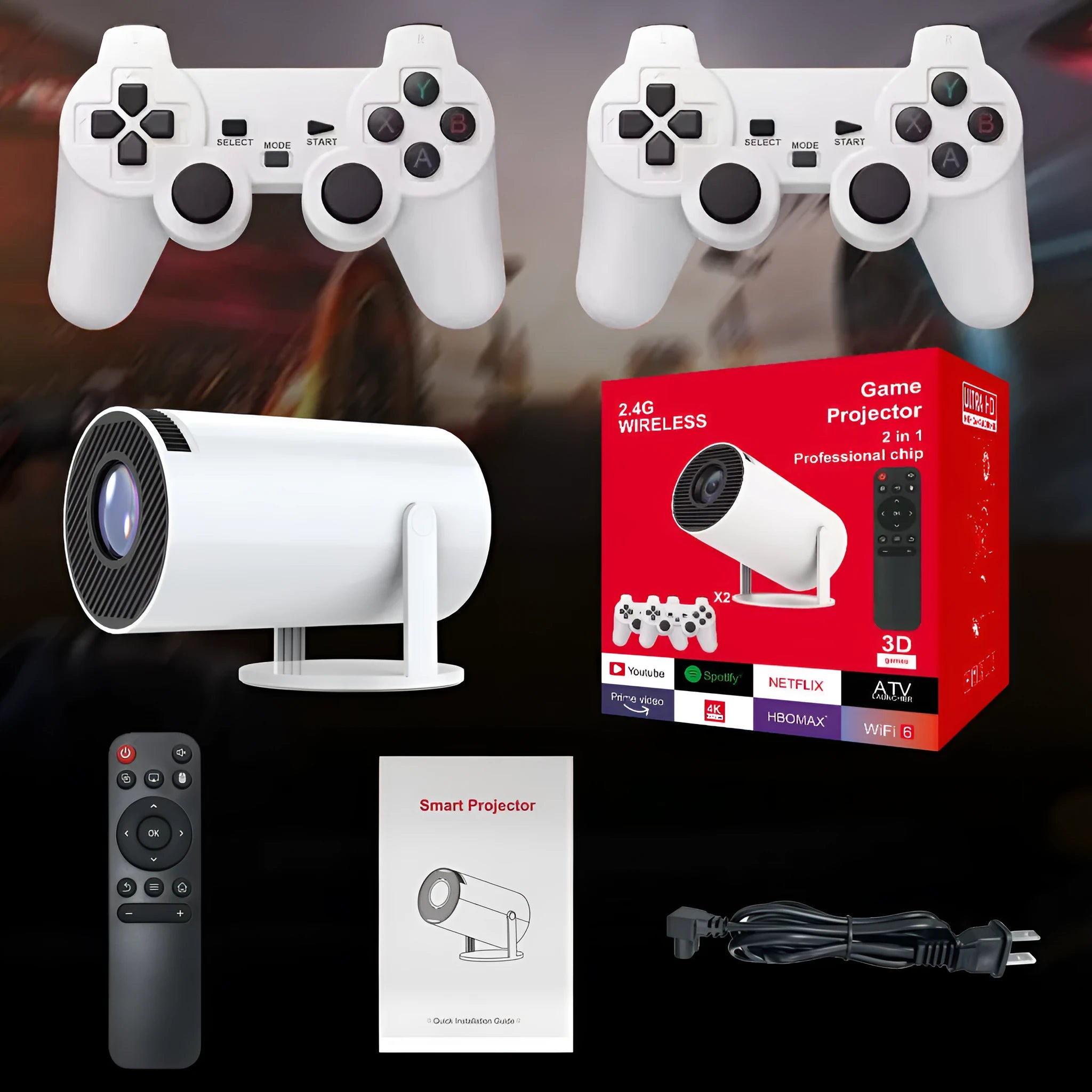 M300MAX portable home projection game machine in red or white box with carrying handles.