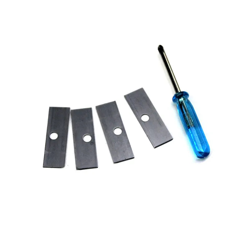 Four-hole pencil sharpener with geometric plastic design, four blades, and screwdriver for easy maintenance