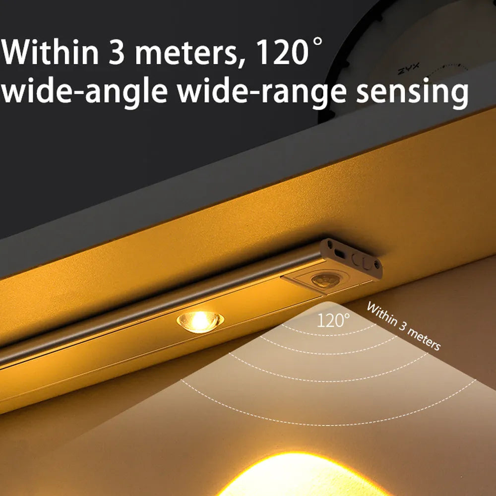 Ultra-thin USB LED night light with motion sensor in silver or black, showing magnet attachment for cabinets