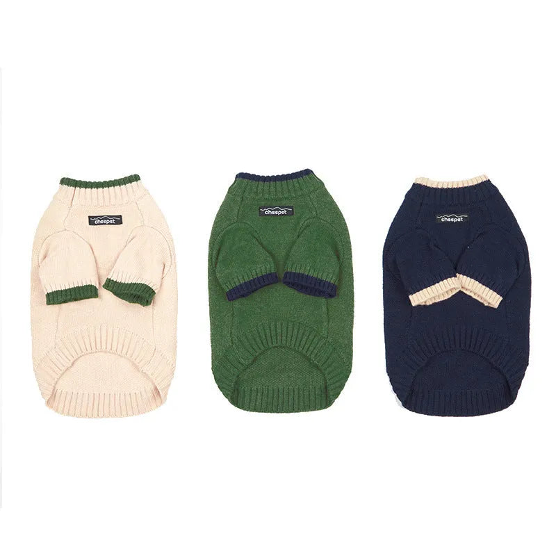 Contrast colour two-leg wool pet sweater for a small dog in Crown Blue.