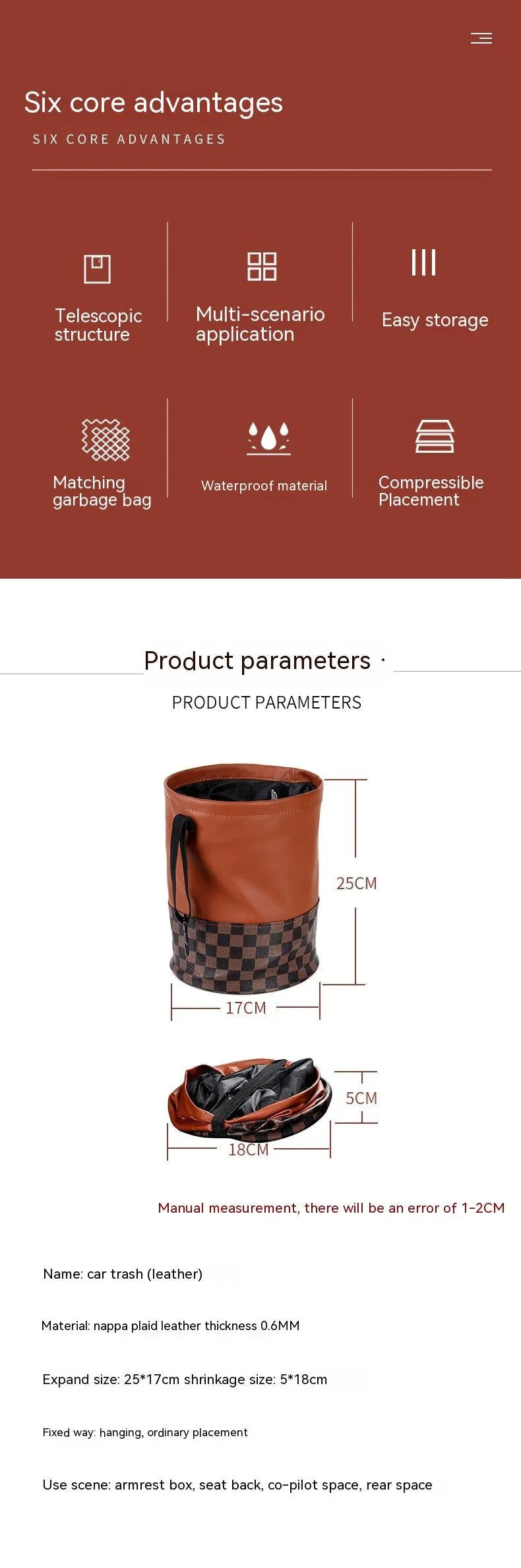 Leather retractable car trash can showing folded and expanded states with handle
