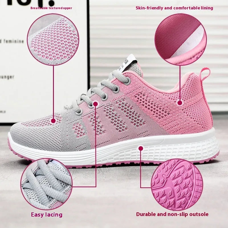 Women's Flyknit running shoes in black, rose red, or grey pink with a flat heel and lace-up front.