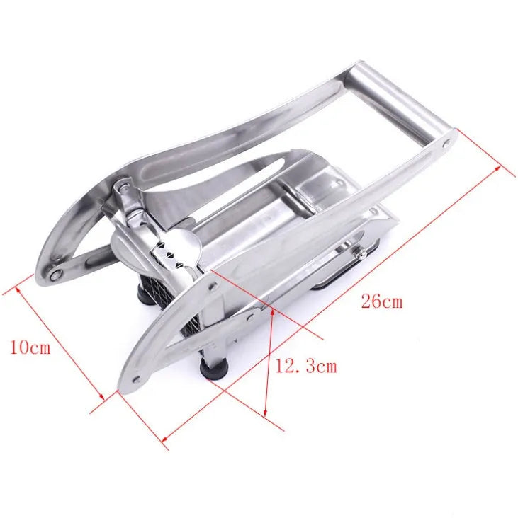 A potato cutter chopper with two stainless steel blades and a non-slip rubber foot on a kitchen counter.