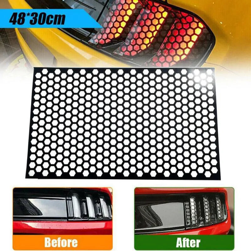 Honeycomb pattern car taillight sticker applique in black, carbon fibre, and colourful options measuring 48x30 cm