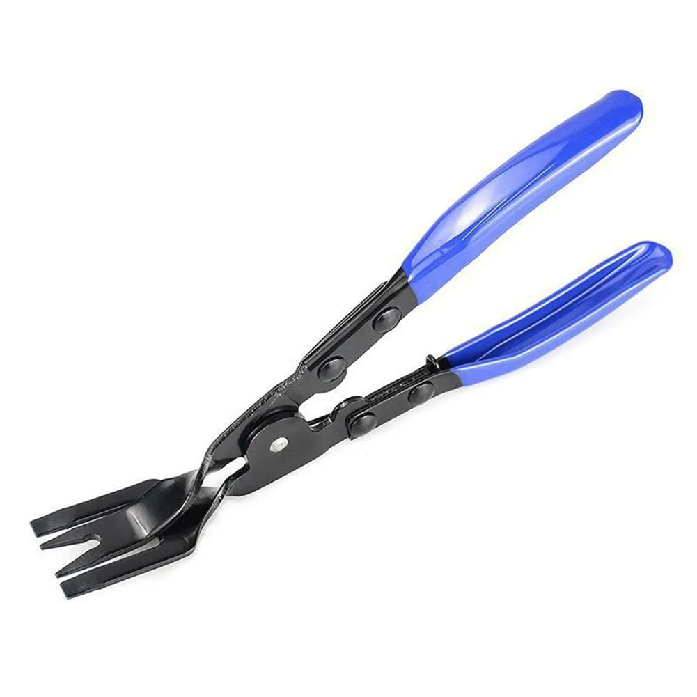 Blue steel car interior clip removal pliers showing 235mm length and 32mm working head