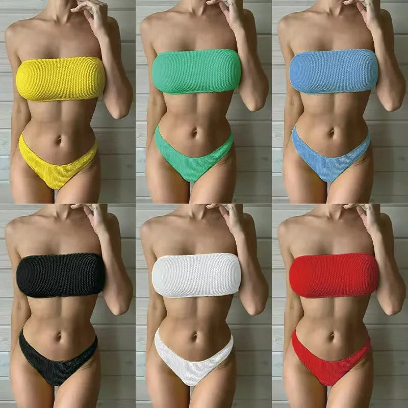 Women's solid colour snake cloth tube top and high waist bikini set on a white background.