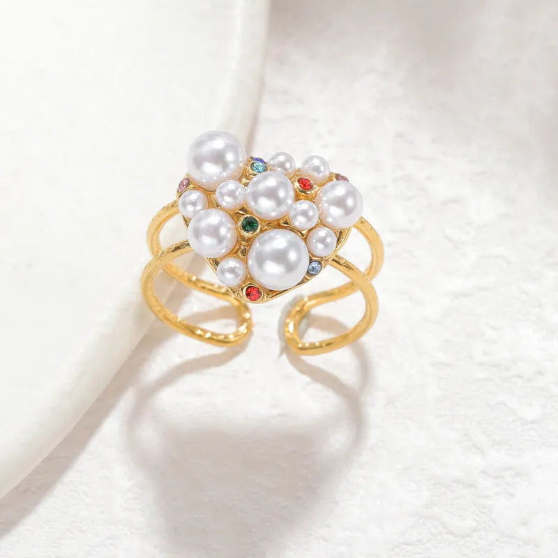 Women's stainless steel open ring with pearl and zircon stones in heart or round styles