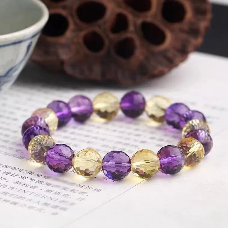Handmade 128-facet crystal bracelet in amethyst, ametrine, or citrine colours with choice of bead sizes