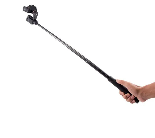 Black retractable selfie stick extended to full 100cm length with phone attached and Bluetooth remote control