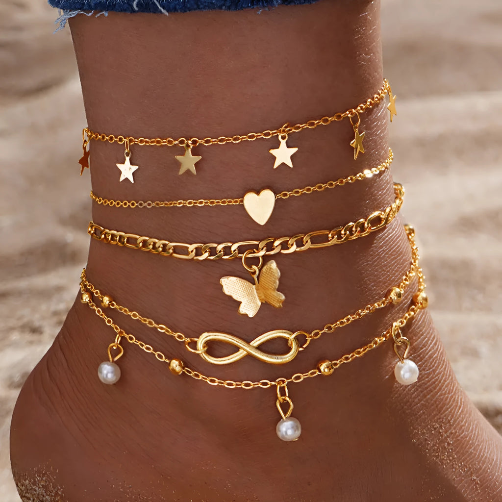 Butterfly pearl heart anklet 4-piece set for women in simple alloy design