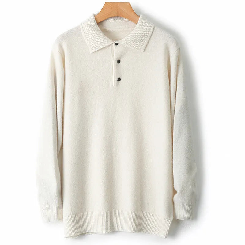 Men's wool sweater with polo collar and long sleeves in collage stitching design, available in seven colours including noble blue