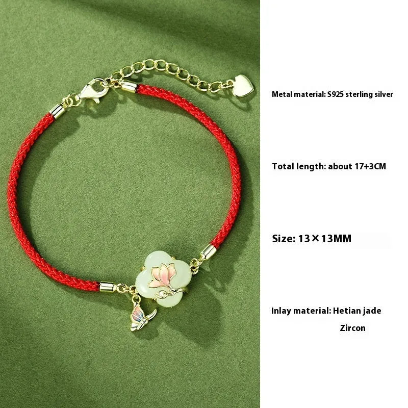 Women's S925 sterling silver necklace, bracelet, and earring set with magnolia flower pendant and inlaid Hetian jade.