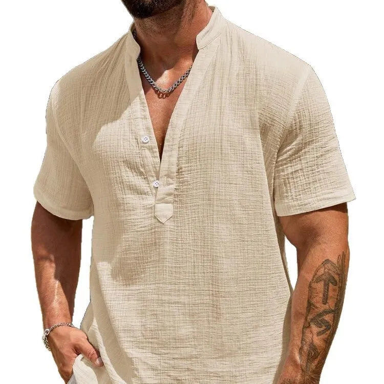 Men's solid colour stand collar short-sleeved shirt in lightweight polyester blend fabric for summer