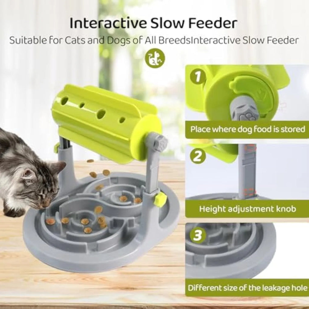 Blue interactive dog and cat food puzzle toy slow feeder bowl with adjustable height mechanism