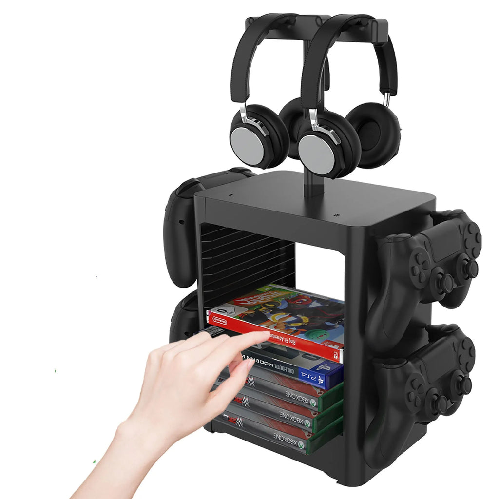 Black ABS gaming storage rack holding a console, headphones on top, controllers on side hooks, with a pull-out drawer.