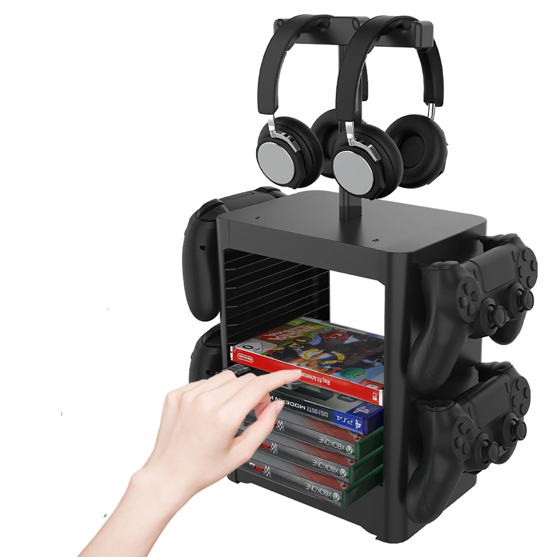 Black ABS gaming storage rack holding a console, headphones on top, controllers on side hooks, with a pull-out drawer.