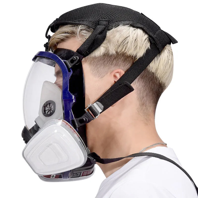 KN95 spherical full face mask with blue edge and trapezoidal canister design for respiratory protection