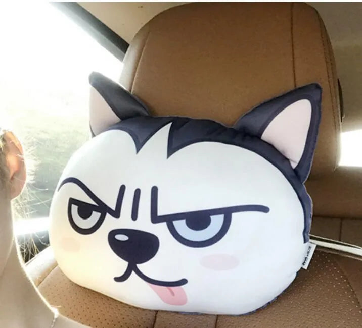 Handmade oblong car headrest pillow with printed cartoon cat design, polyester cotton cover, and PP cotton filling.
