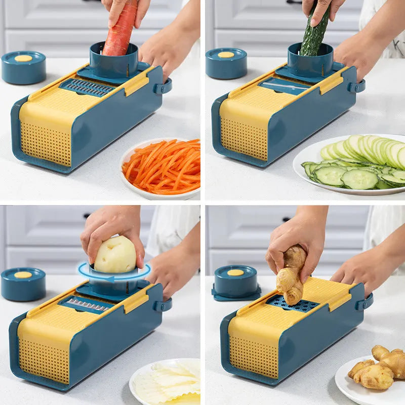 27cm hand-push vegetable cutter with stainless steel blades and protective guard on countertop