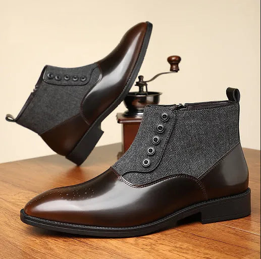 Men's brown retro formal shoes with side zipper and square heel on a neutral background