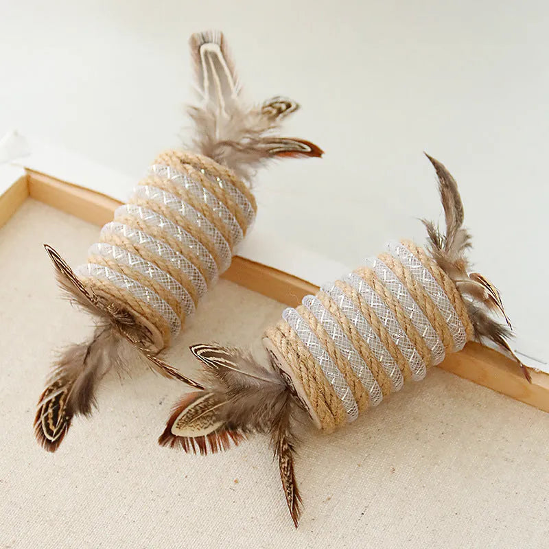 Beige cat interactive toy with feathers, hemp rope scratching surface, and integrated sound roller mechanism