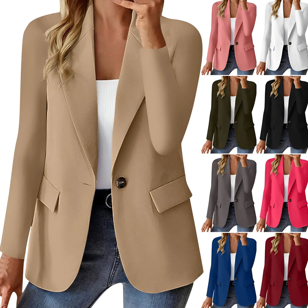 Women's long sleeve solid colour cardigan small suit jacket, slim fit with pocket, in dark red, black, grey or blue