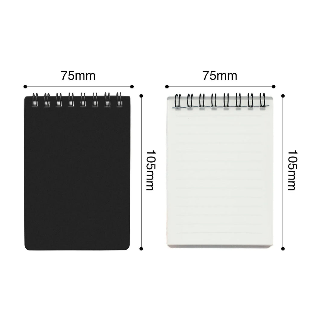 Black and white transparent spiral-bound Business Intelligence Notepad with pen and rag.