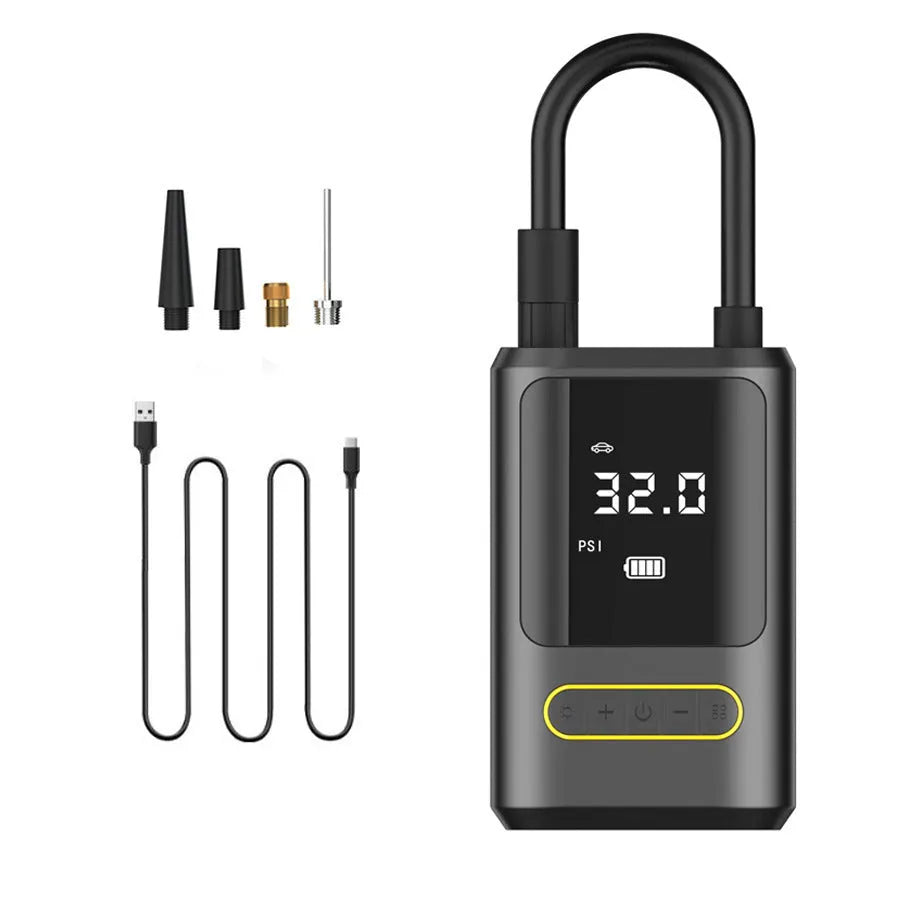 Handheld wireless air pump with digital display showing pressure reading, measuring 49x87x137mm with LED light illuminated