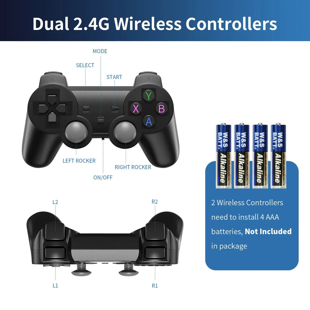 HD Home TV Game Console showing compact 16cm design with wireless controller and HDMI cable