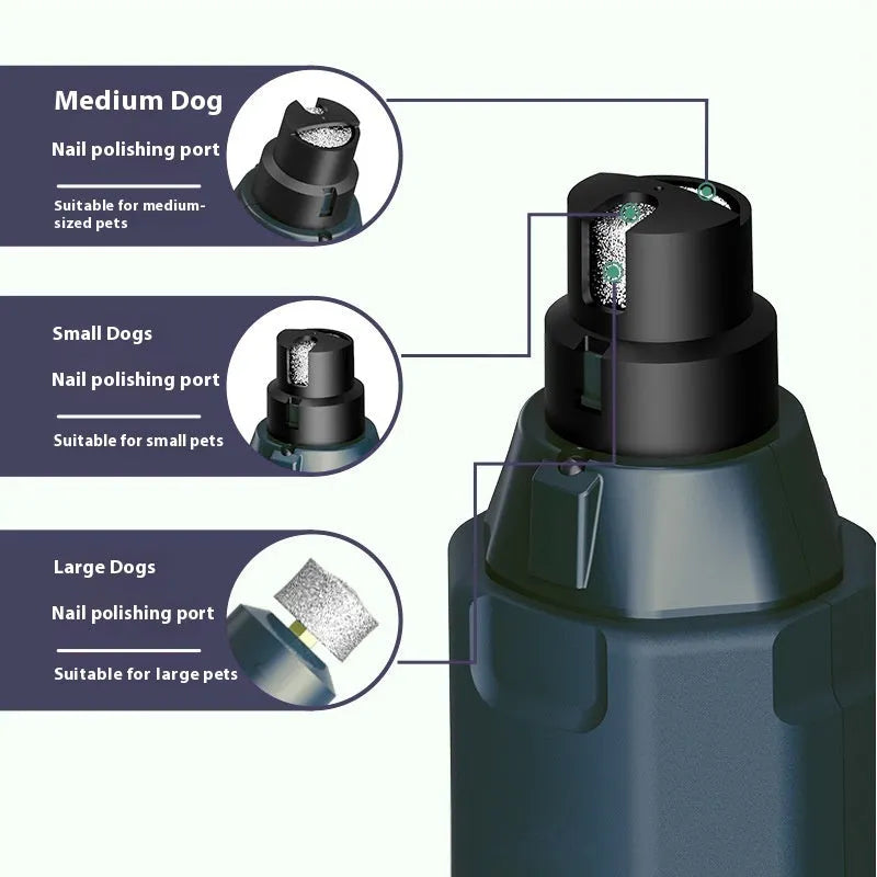 Dark blue pet nail grinder with rotary speed knob and LED light on a white background.