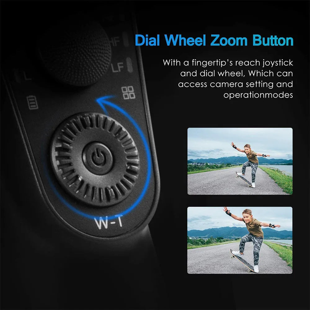 Black three-axis handheld gimbal stabilizer for mobile phones showing 10.8cm length by 7cm width dimensions
