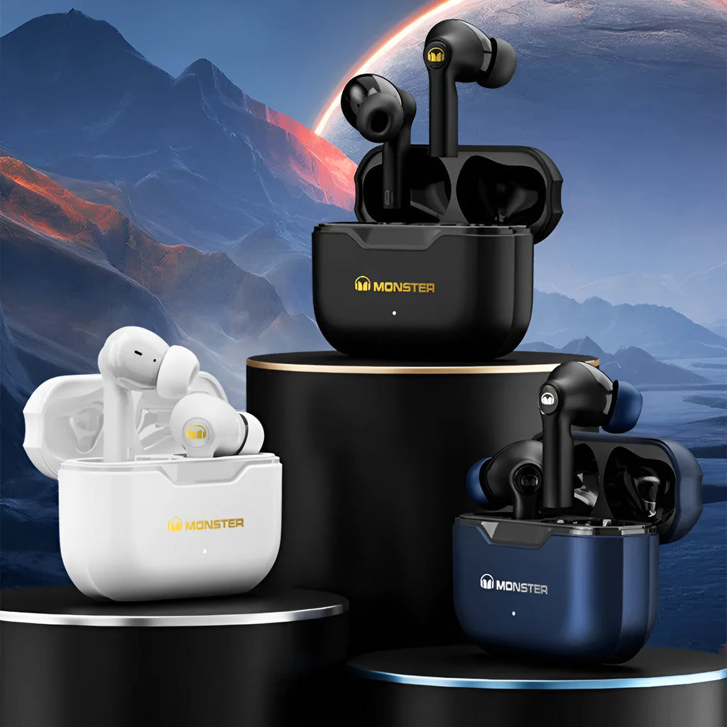 True wireless Bluetooth headset in black, white, and blue colours with in-ear design