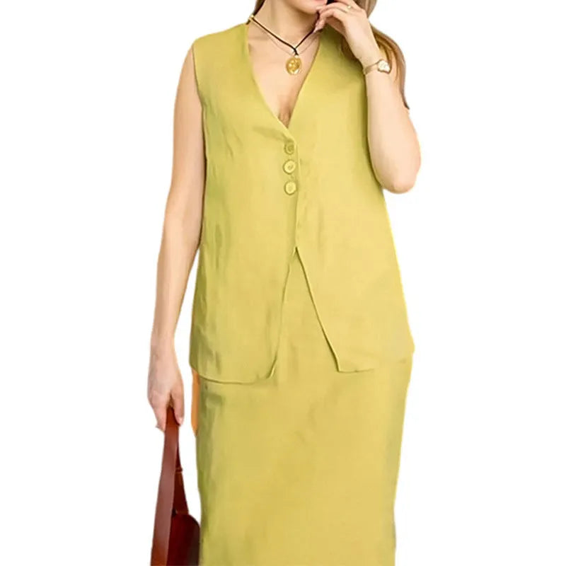 Casual loose top long skirt two-piece suit in blue, featuring a sleeveless vest and long skirt made from polyester fabric.