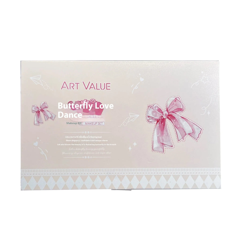 Butterfly Box make-up set with pink matte lip mud, blusher, and necklace.
