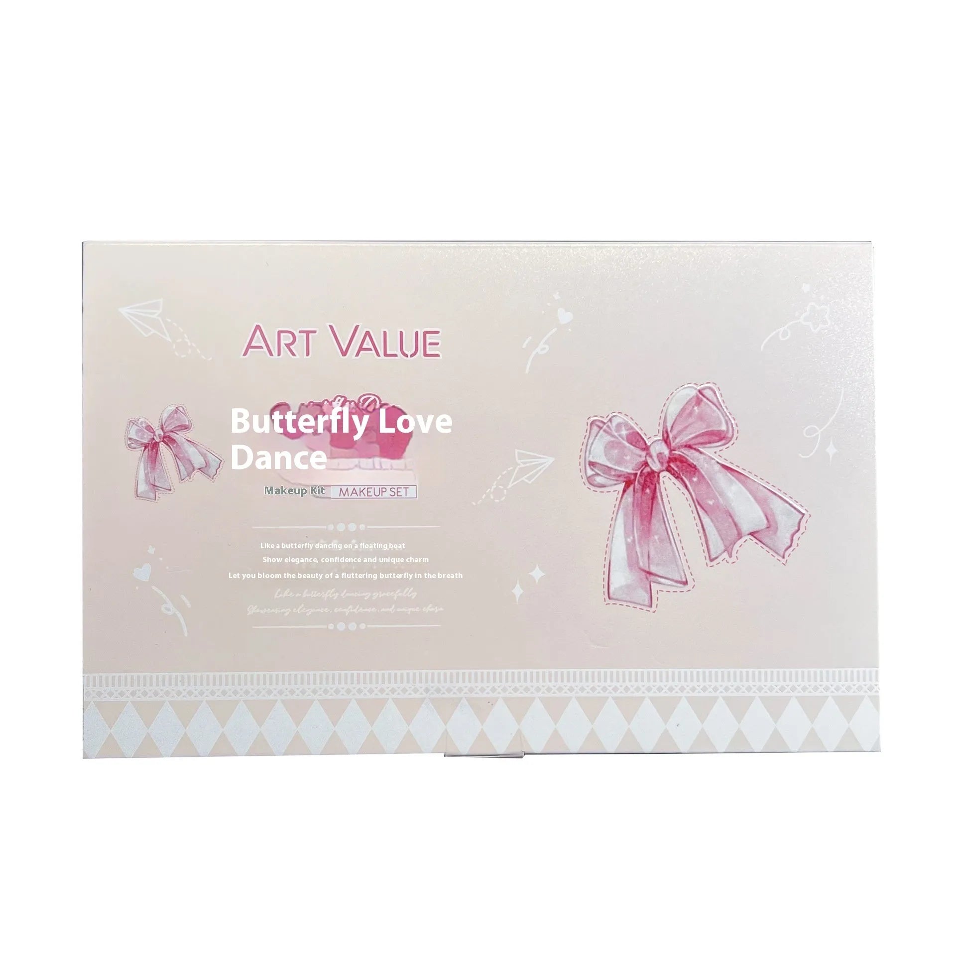 Butterfly Box make-up set with pink matte lip mud, blusher, and necklace.
