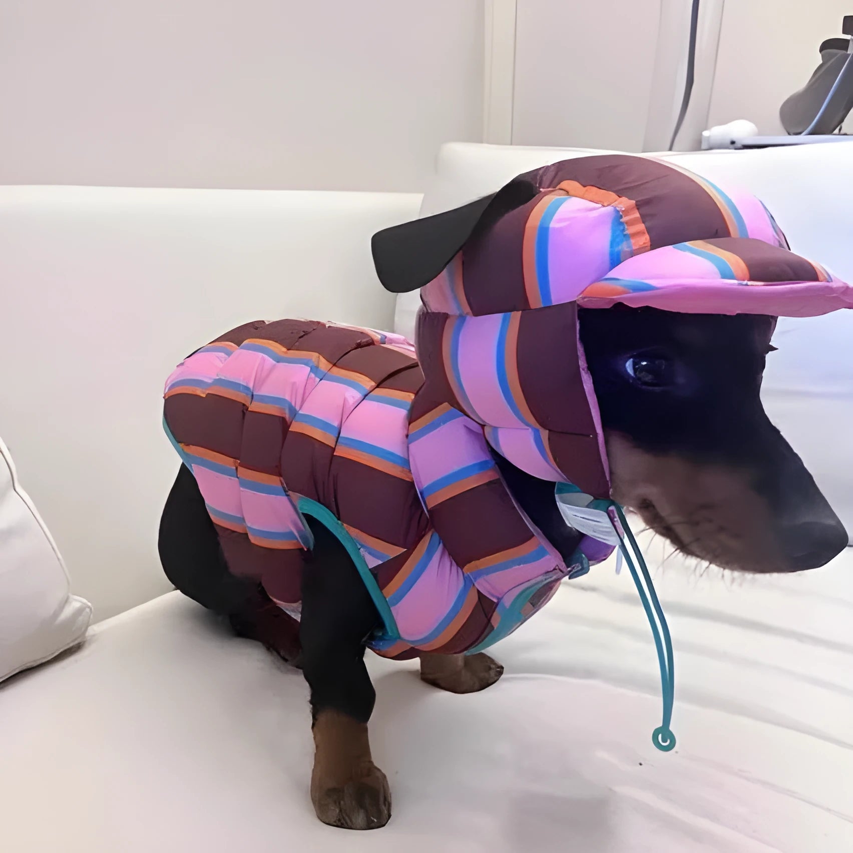 Dirty pink striped pet vest and matching hat set for winter wear