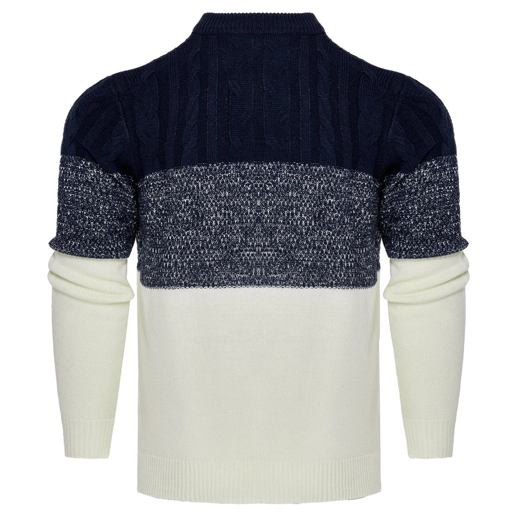 Men's grey knitted pullover sweater with ribbed crew neck and cuffs on a hanger.