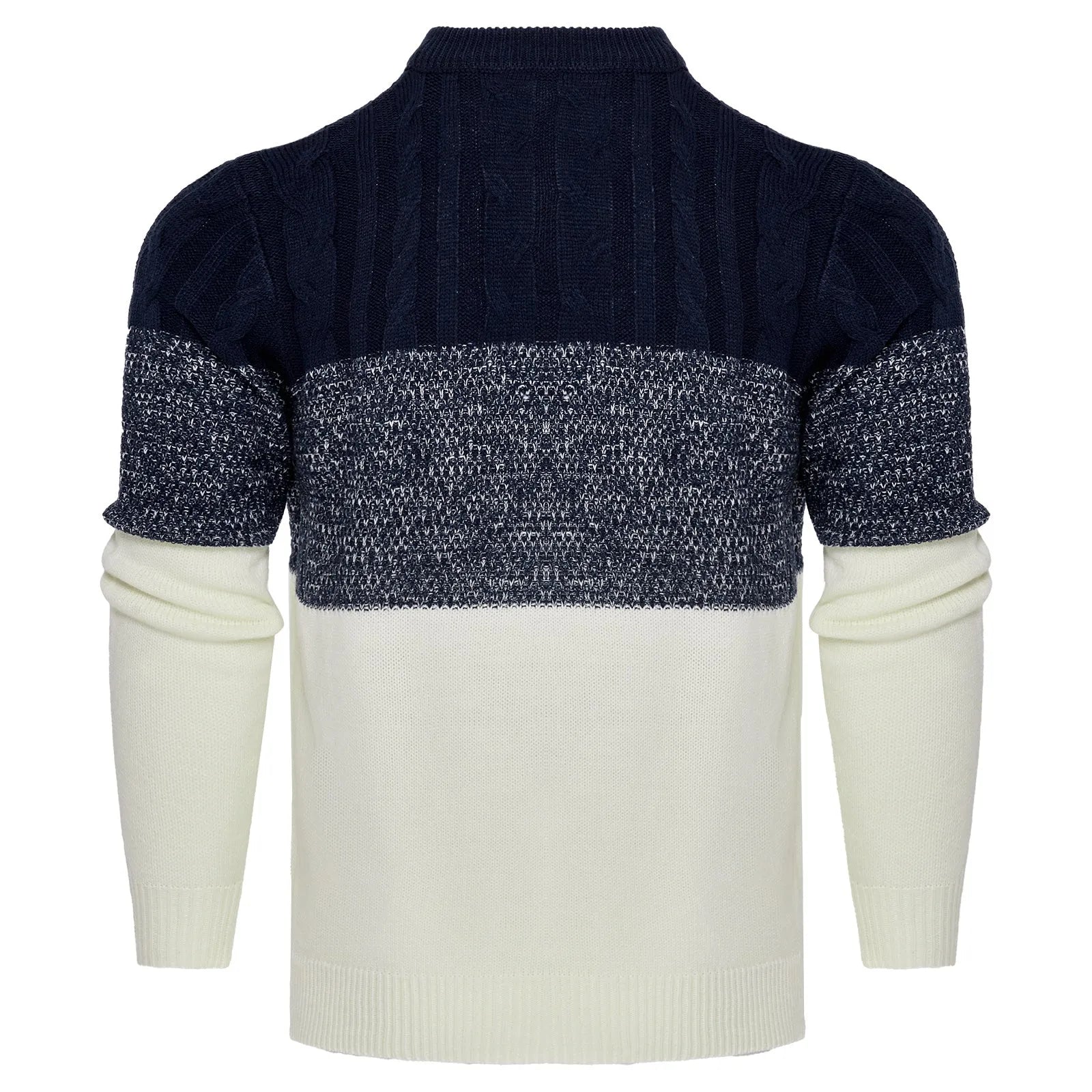 Men's grey knitted pullover sweater with ribbed crew neck and cuffs on a hanger.