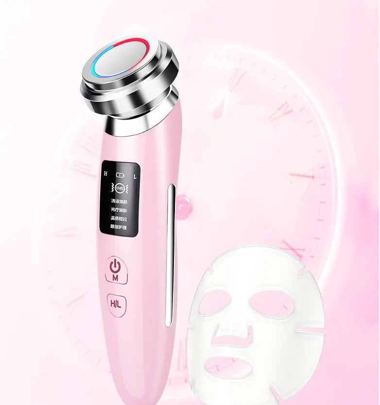 Pink LED cleansing and rejuvenating beauty instrument with facial brush, 185mm length handheld design