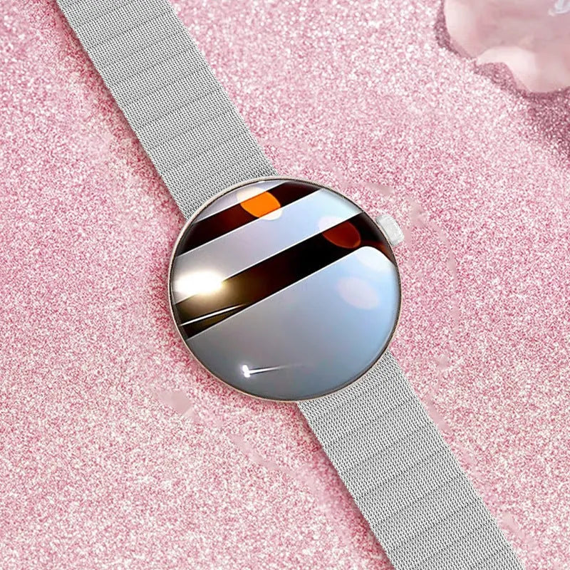 Smart watch for women with colour screen, aluminium alloy case, and metal strap in black, gold, or silver steel.