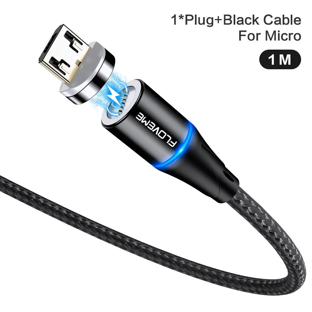 3A fast charge magnetic data cable with side light, showing Type-C connector and 3-in-1 heads for Apple and Android devices