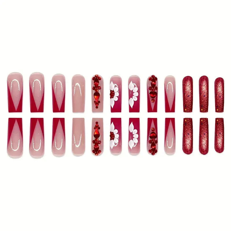 24 floral fake nails with red diamond accents, jelly glue, and nail file for at-home manicures