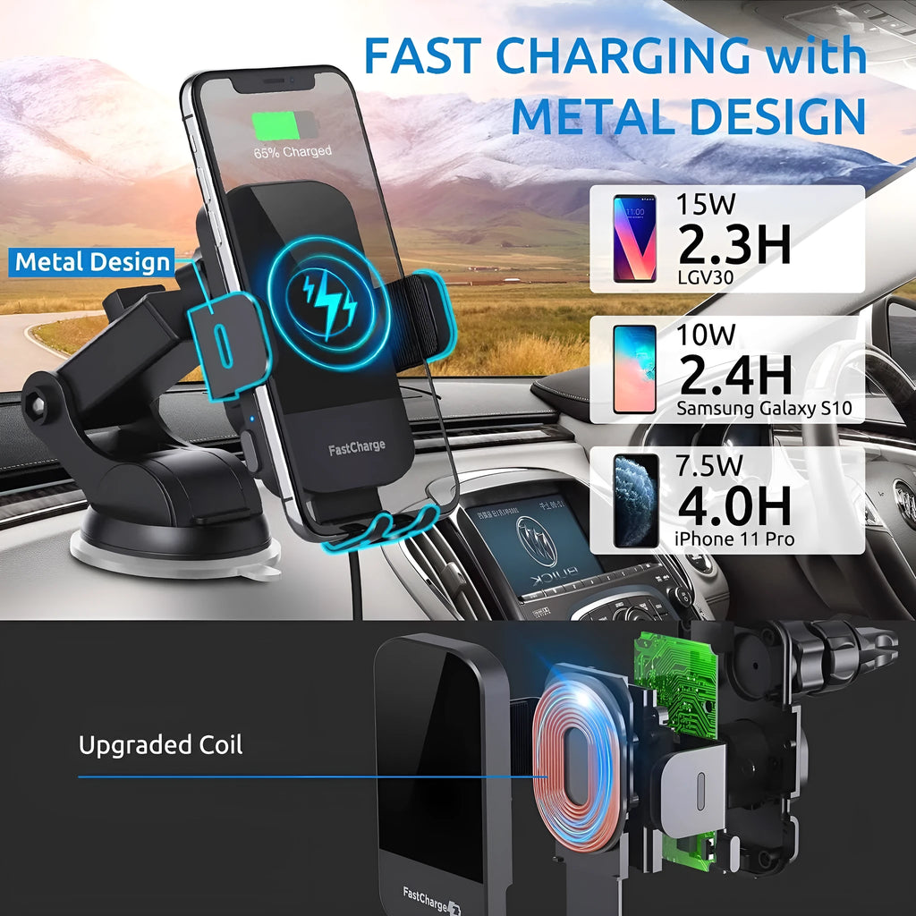 Black car wireless charging stand mounted to dashboard with 15W fast charging for smartphones