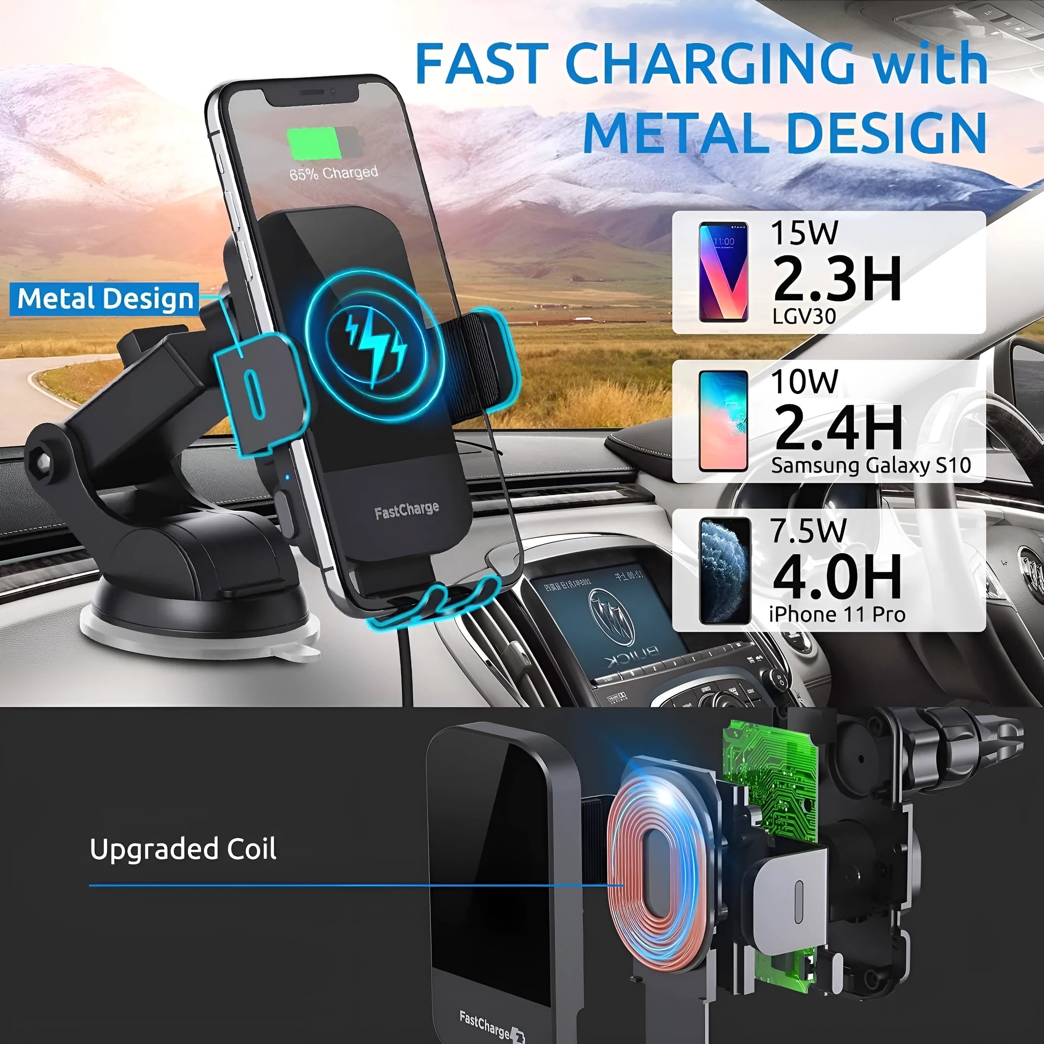 Black car wireless charging stand mounted to dashboard with 15W fast charging for smartphones