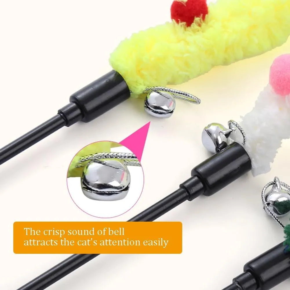 Cat wand toy with blue plush strip, colourful ball, and bells on a 41cm pole for interactive play