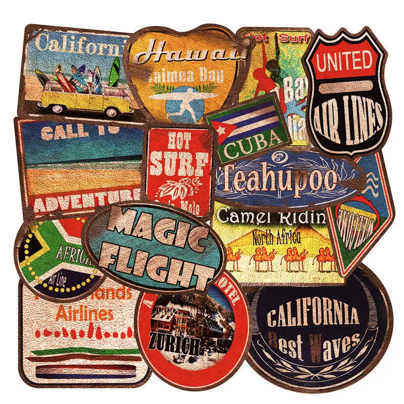 36 retro beach stickers with matte finish, sizes 6-10cm, on travel suitcase and water bottle