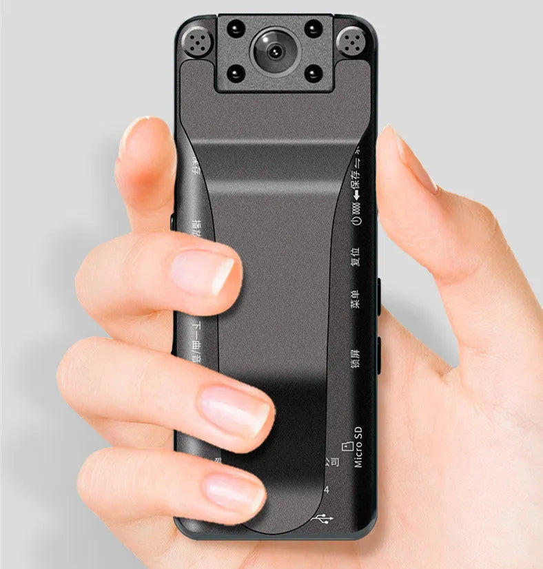 DSJ-S11 black body worn camera showing display screen, wide-angle lens, and compact dimensions